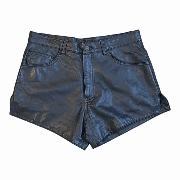 Vintage Bagazio Black 100% Leather High Rise Shorts 32 Y2K Moto - Picture 2 of 6